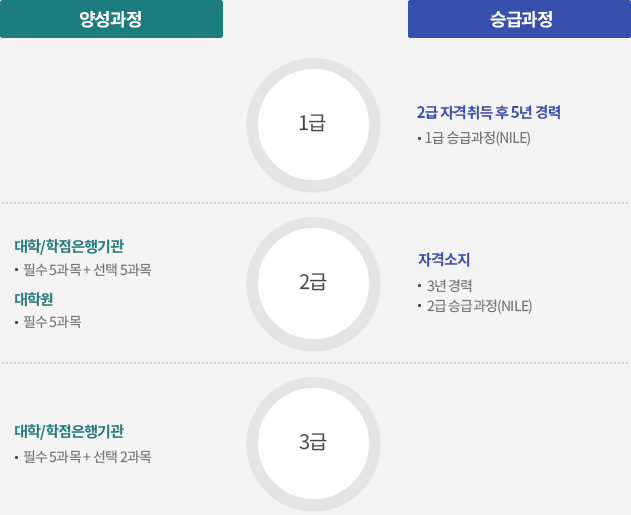 양성과정 : 2급(대학/학점은행기관:필수5과목+선택5과목, 대학원:필수5과목), 3급(대학/학점은행기관:필수5과목+선택2과목), 승급과정:1급(2급자격취득 후 5년 경력:1급 승급과정(NILE)), 2급(자격소지:3년경력, 2급승급과정(NILE))